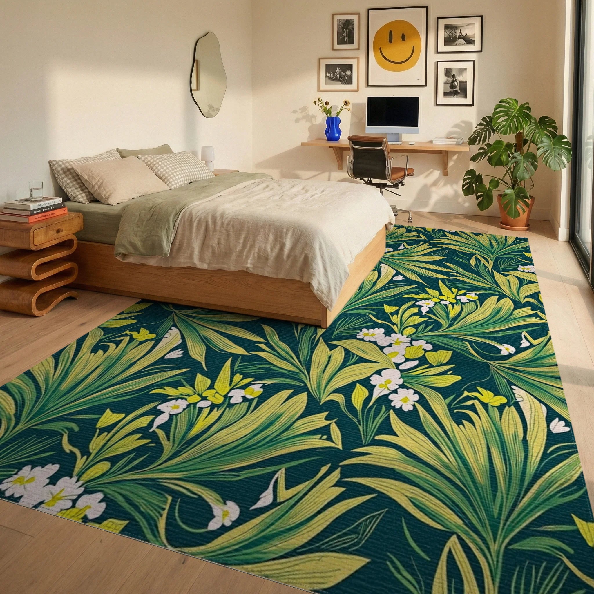 Green Yellow Tropical Floral Pattern Rug Bedroom View
