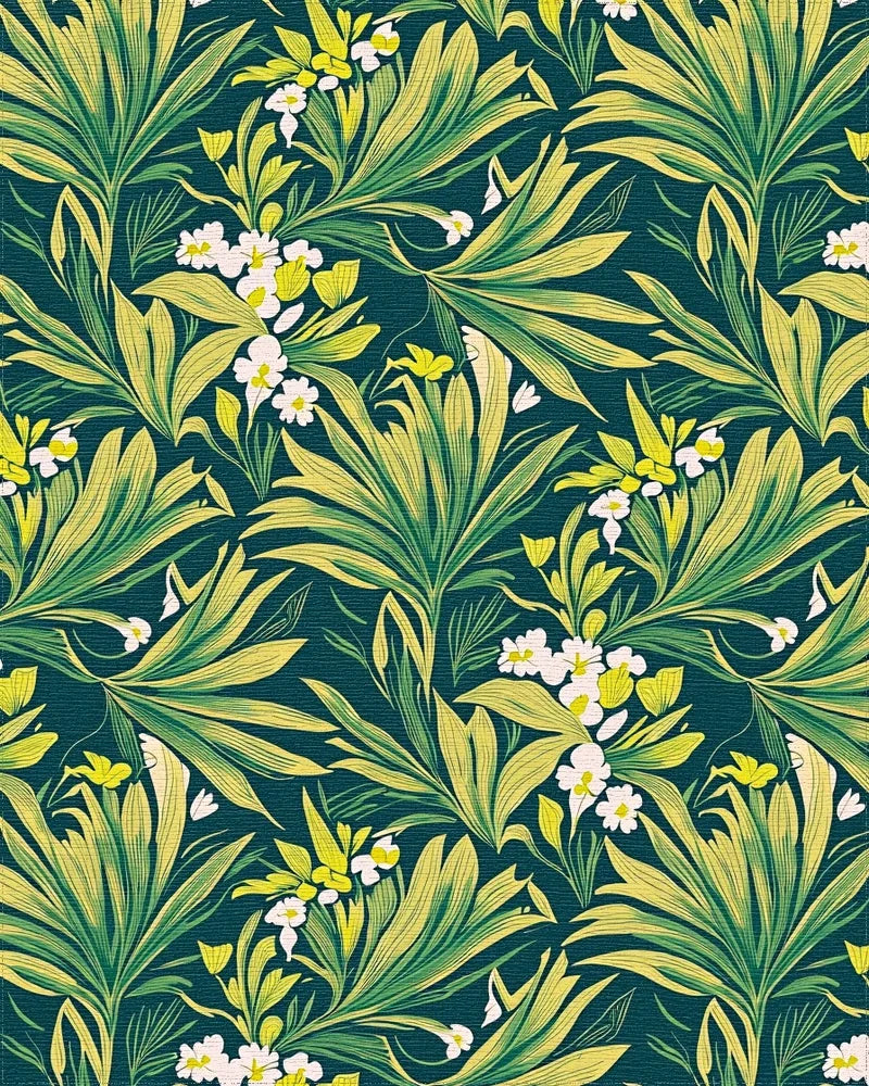 Green Yellow Tropical Floral Pattern Rug - Cutout View