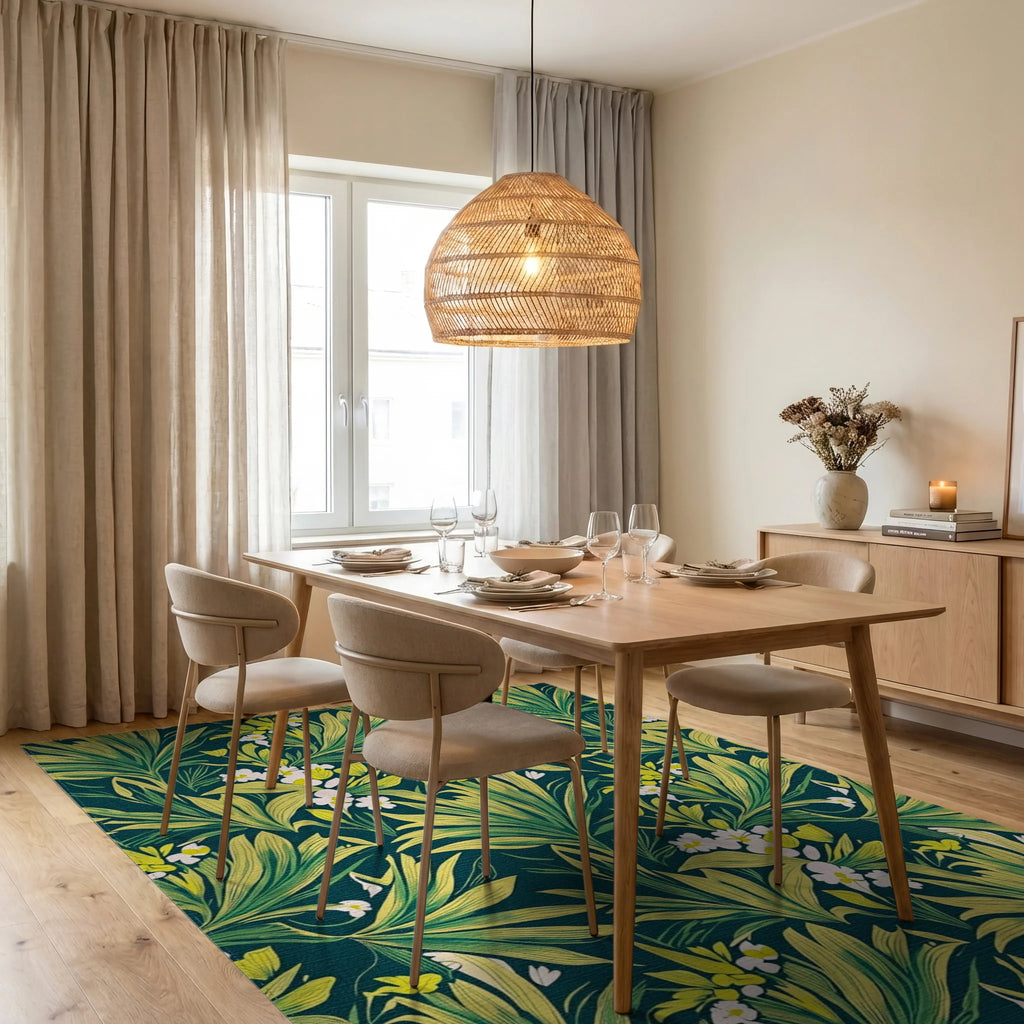 Green Yellow Tropical Floral Pattern Rug Dining Room View