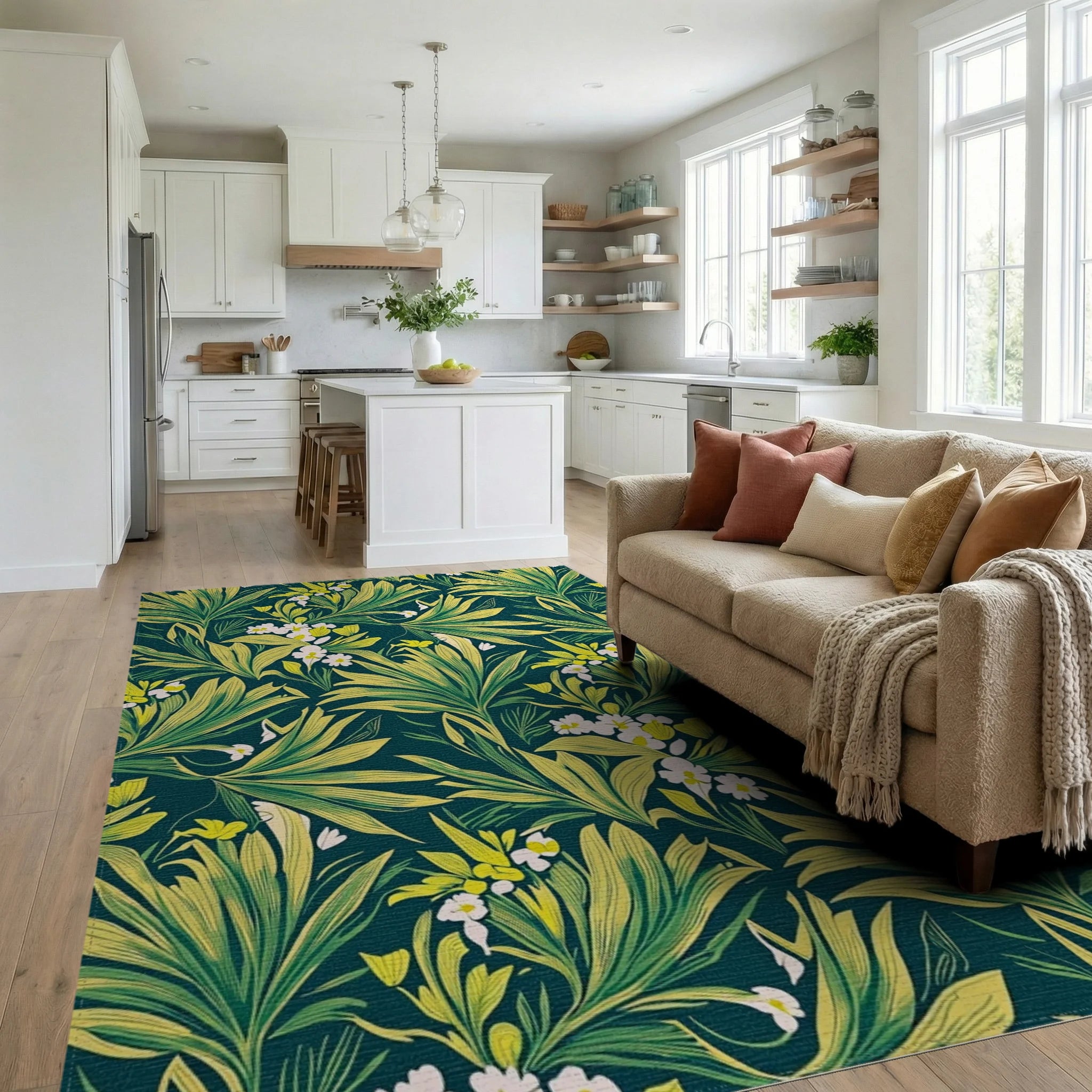 Green Yellow Tropical Floral Pattern Rug Living Room View