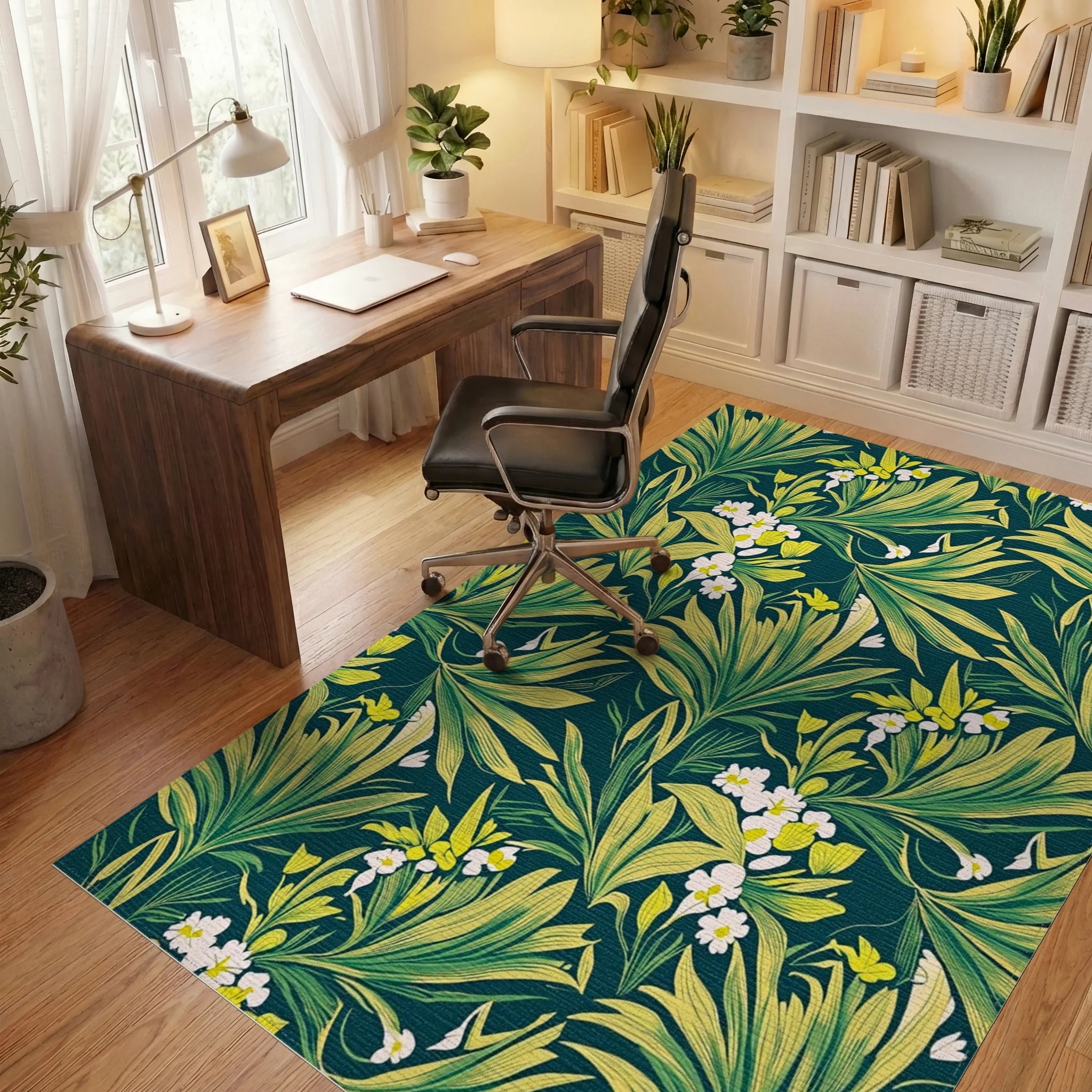 Green Yellow Tropical Floral Pattern Rug Office View