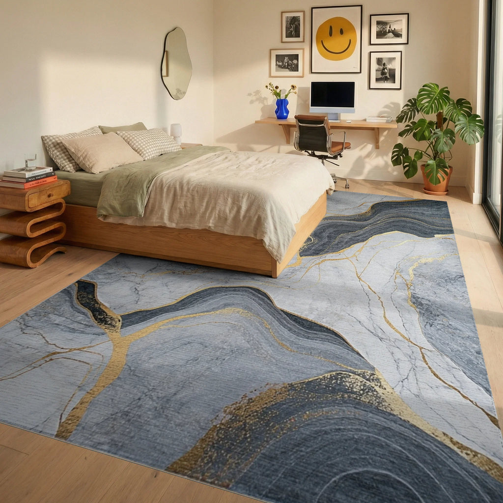 Grey Marble Gold Vein Abstract Rug - Bedroom View
