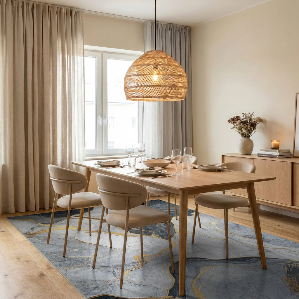 Grey Marble Gold Vein Abstract Rug - Dining Room View