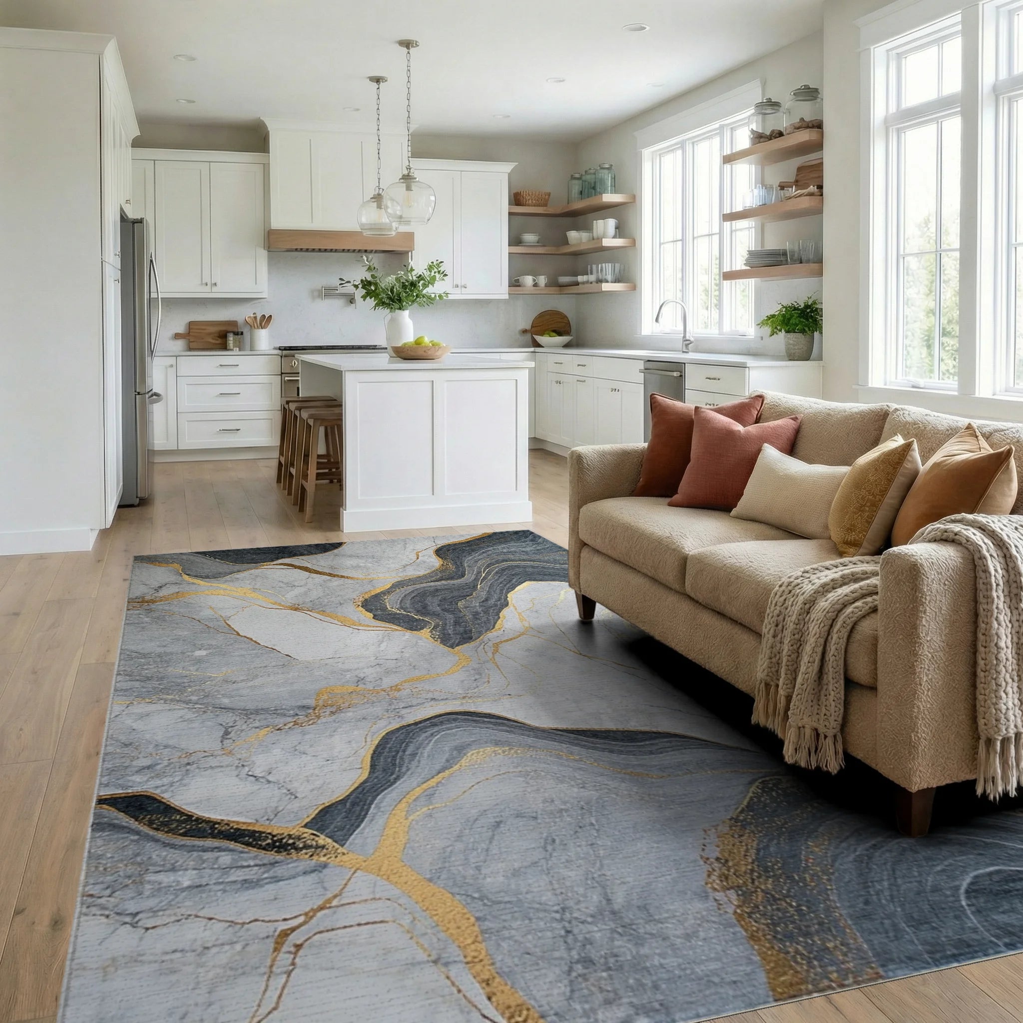 Grey Marble Gold Vein Abstract Rug - Living Room View