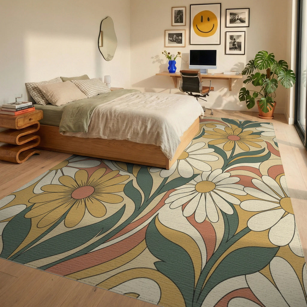 Groovy Daisy Swirl Floral Rug Bedroom View