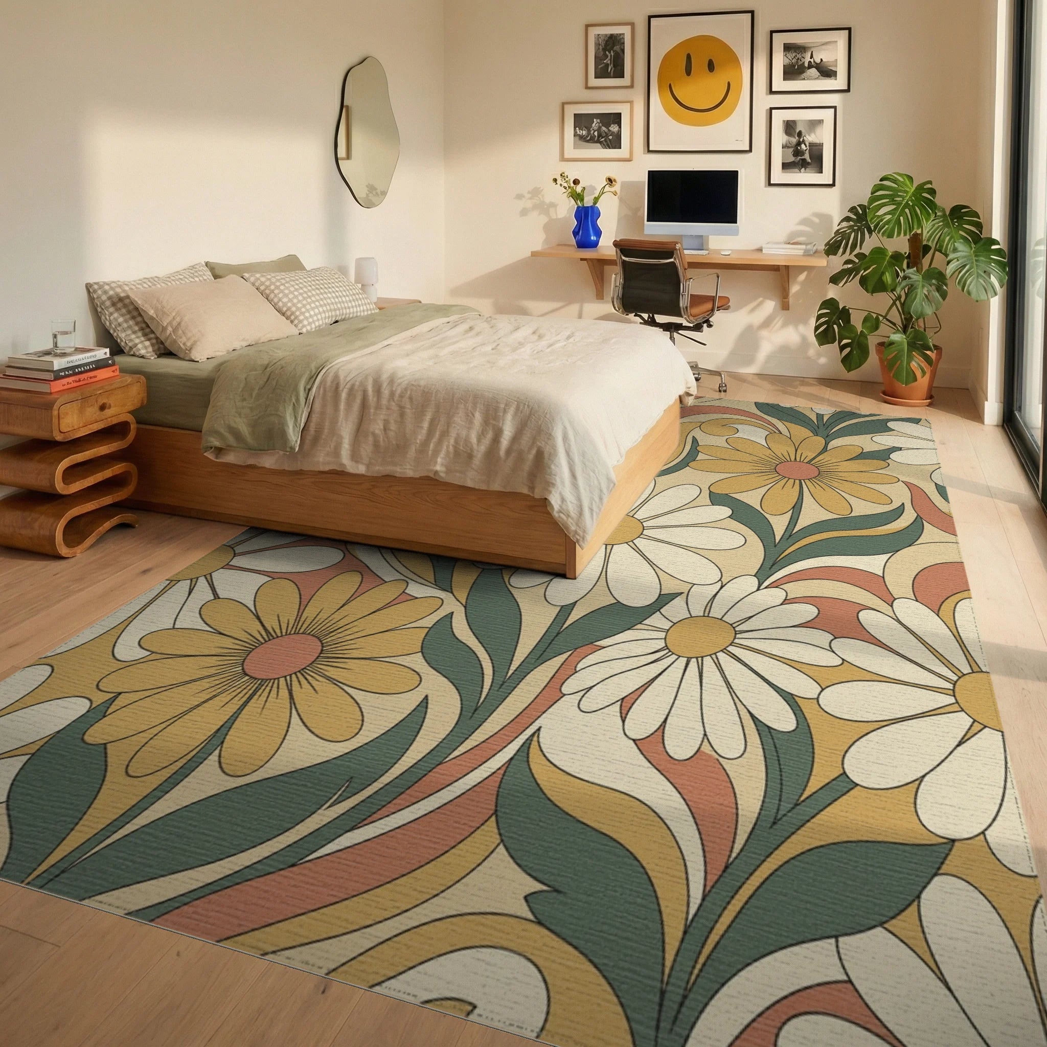 Groovy Daisy Swirl Floral Rug Bedroom View
