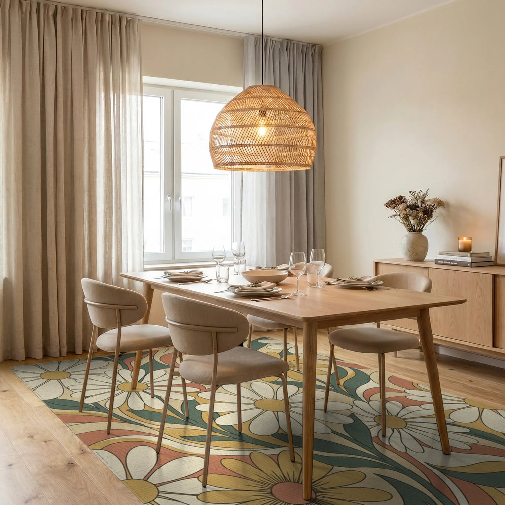 Groovy Daisy Swirl Floral Rug Dining Room View