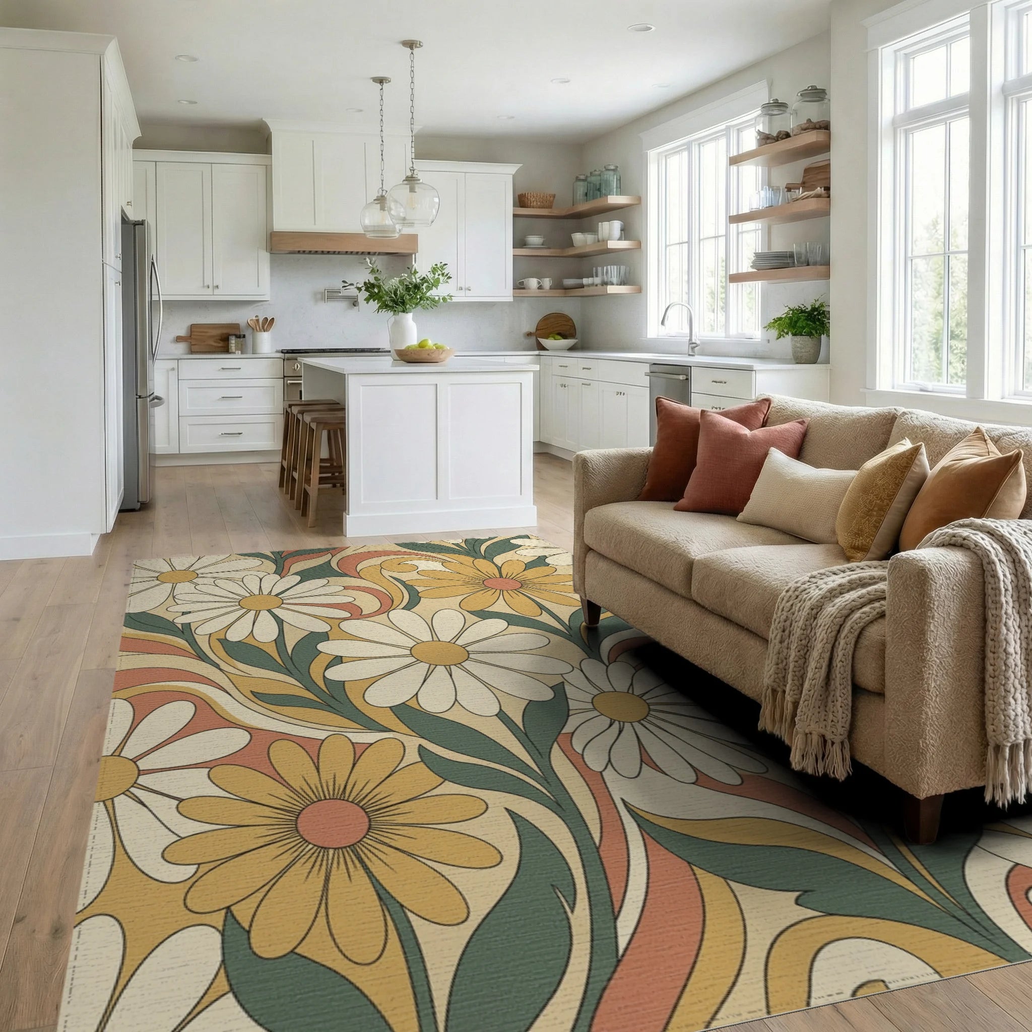 Groovy Daisy Swirl Floral Rug Living Room View