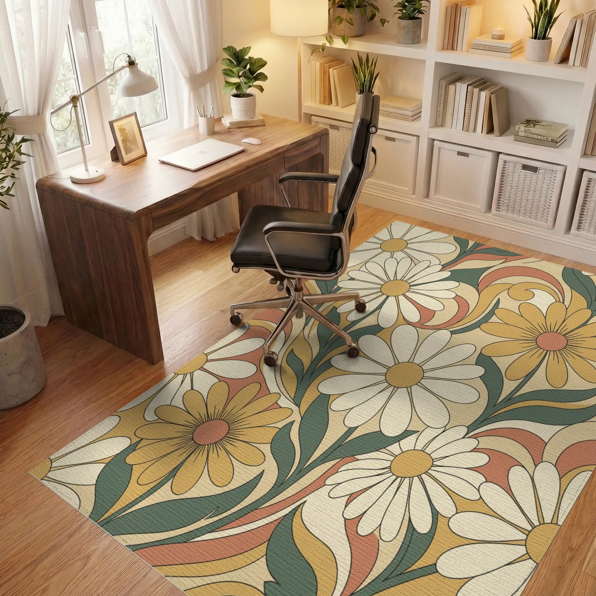 Groovy Daisy Swirl Floral Rug Office View