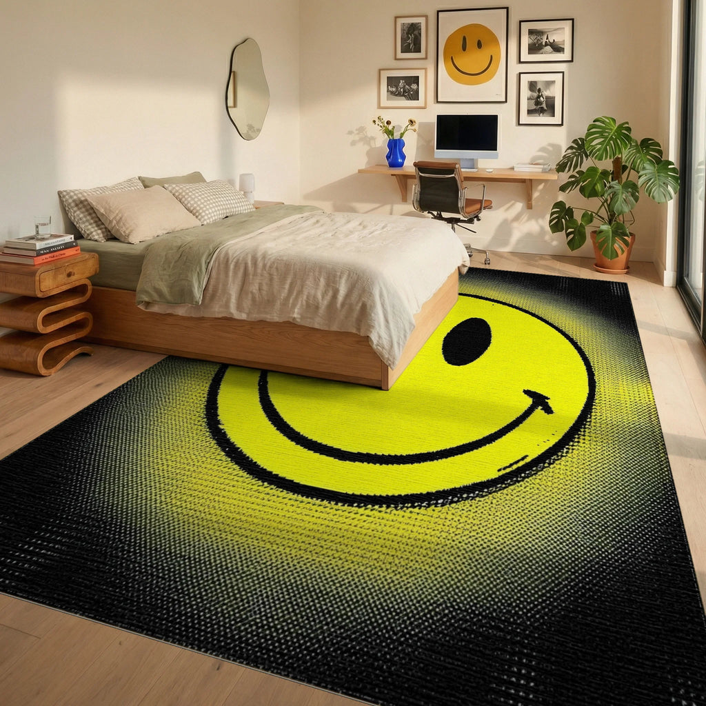 Happy Yellow Smiley Face Halftone Rug - Bedroom View