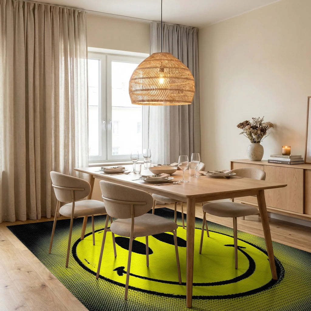 Happy Yellow Smiley Face Halftone Rug - Dining Room View