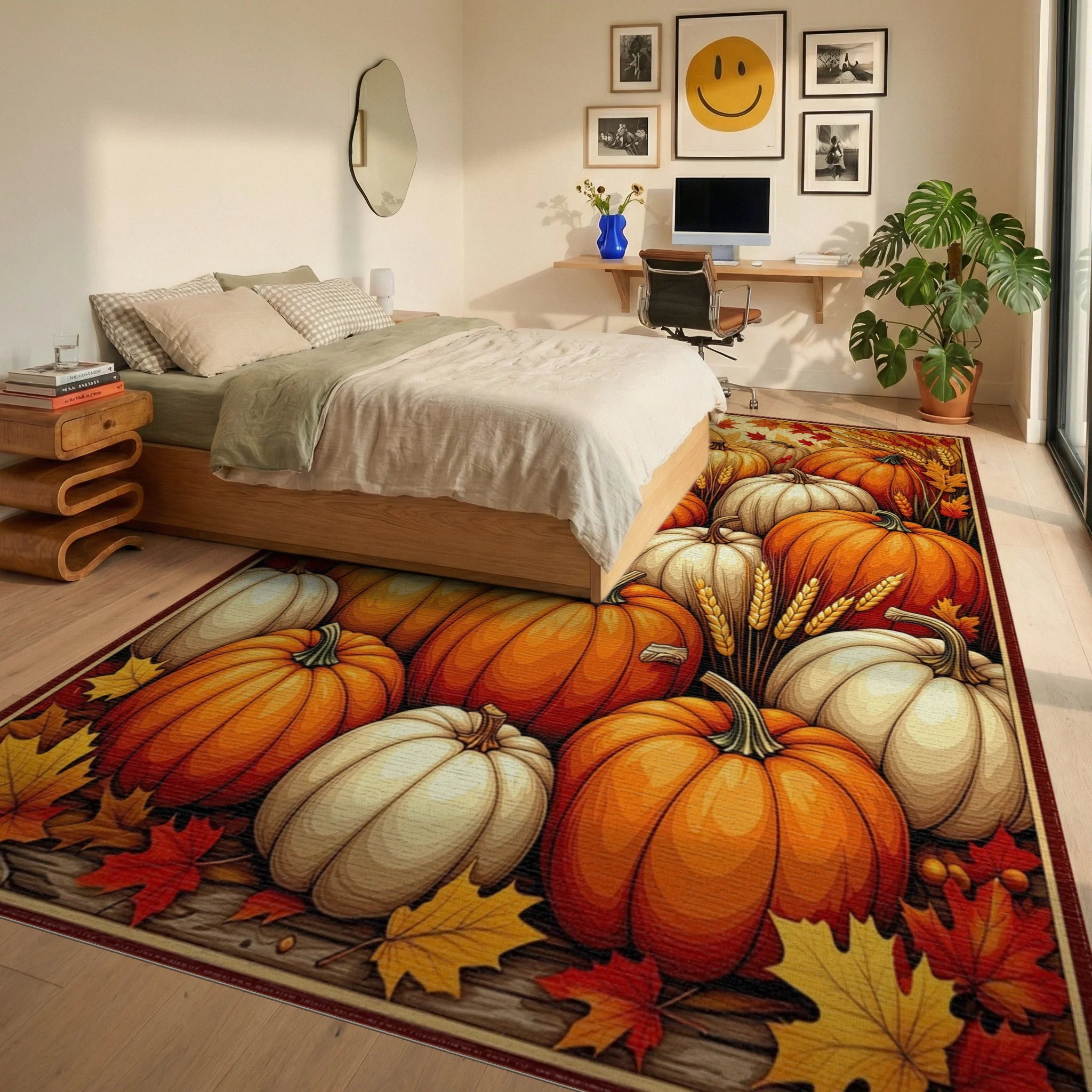 Harvest Pumpkin Patch Pattern Rug - Bedroom View