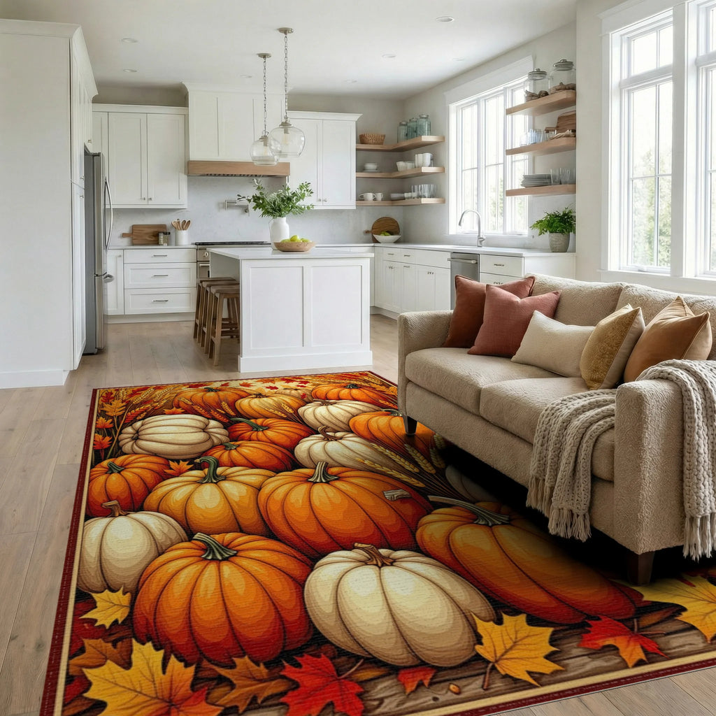 Harvest Pumpkin Patch Pattern Rug - Living Room View