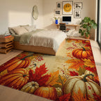 Harvest Pumpkins Autumn Leaves Design Rug - Bedroom View