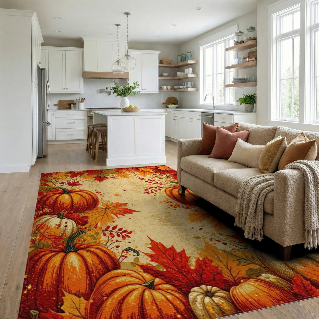 Harvest Pumpkins Autumn Leaves Design Rug - Living Room View