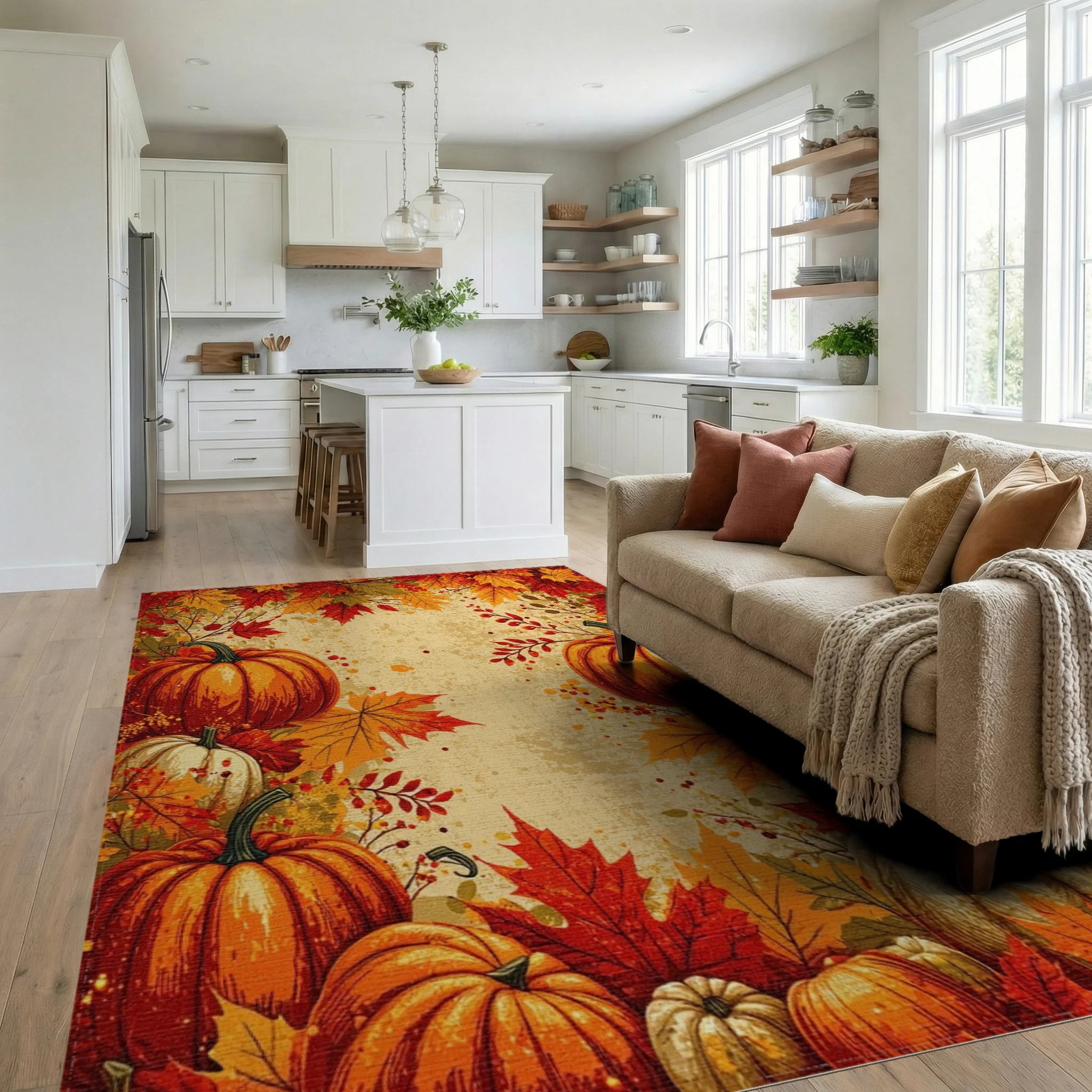 Harvest Pumpkins Autumn Leaves Design Rug - Living Room View