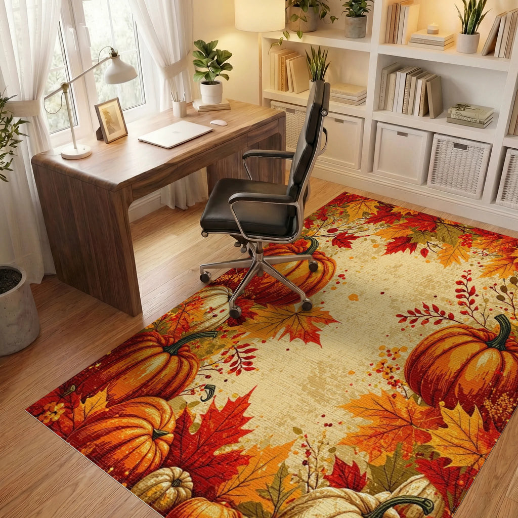 Harvest Pumpkins Autumn Leaves Design Rug - Office View