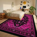Hot Pink Intricate Floral Black Rug - Bedroom View