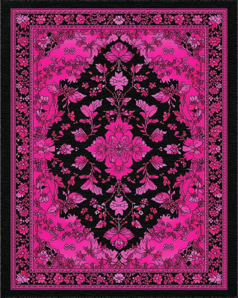 Hot Pink Intricate Floral Black Rug - Cutout View