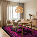 Hot Pink Intricate Floral Black Rug - Dining Room View