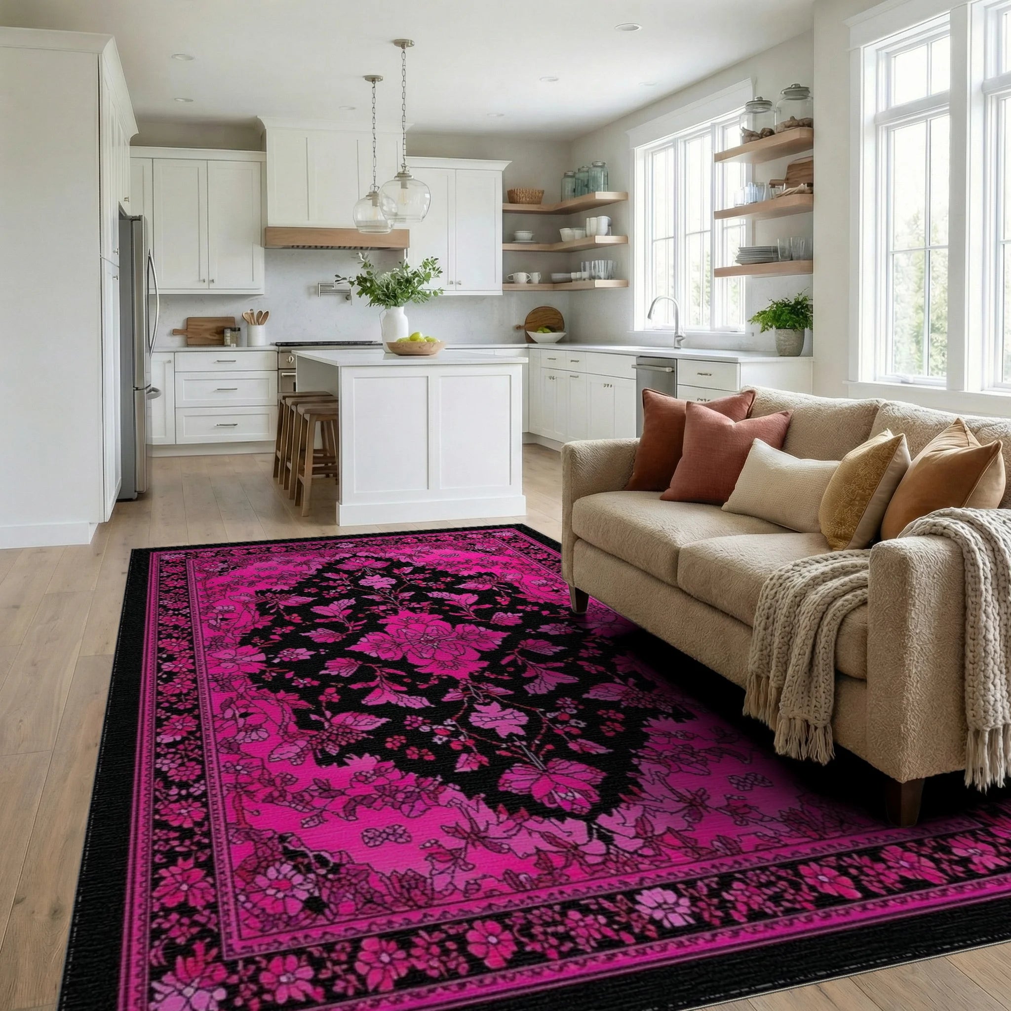 Hot Pink Intricate Floral Black Rug - Living Room View