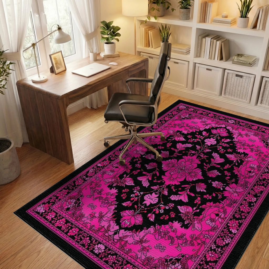 Hot Pink Intricate Floral Black Rug - Office View