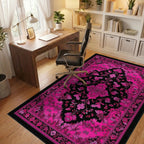 Hot Pink Intricate Floral Black Rug - Office View