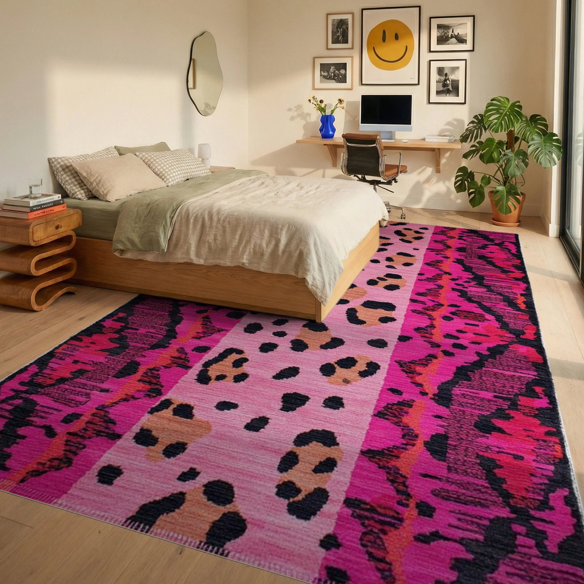 Hot Pink Leo Spots Ikat Rug - Bedroom View