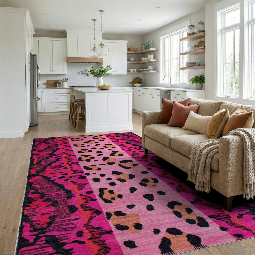 Hot Pink Leo Spots Ikat Rug - Living Room View