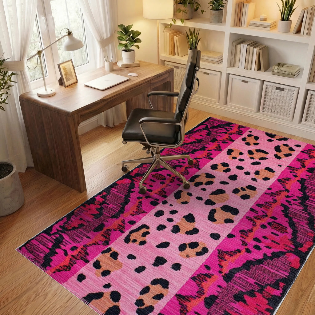 Hot Pink Leo Spots Ikat Rug - Office View