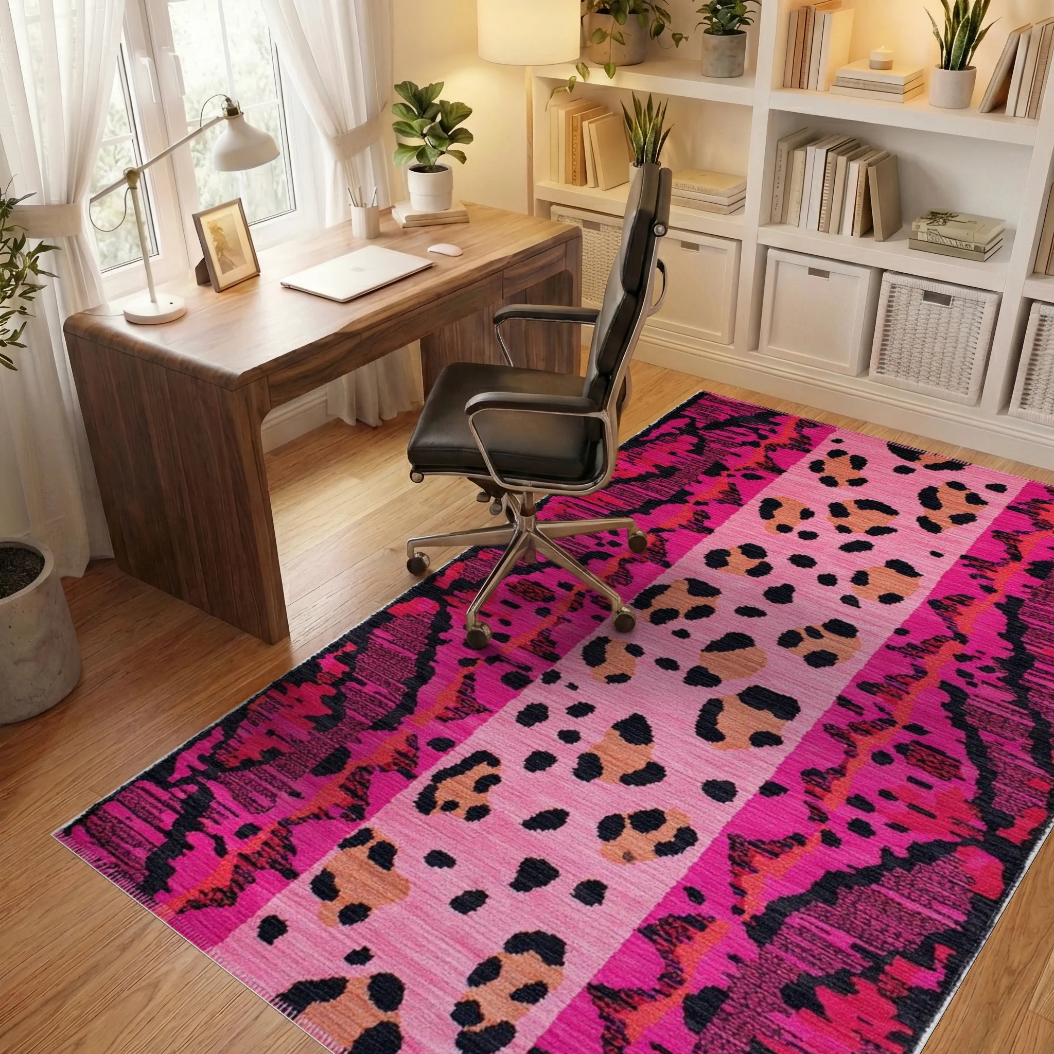 Hot Pink Leo Spots Ikat Rug - Office View