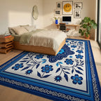Indigo Blue Floral Medallion Rug Bedroom View