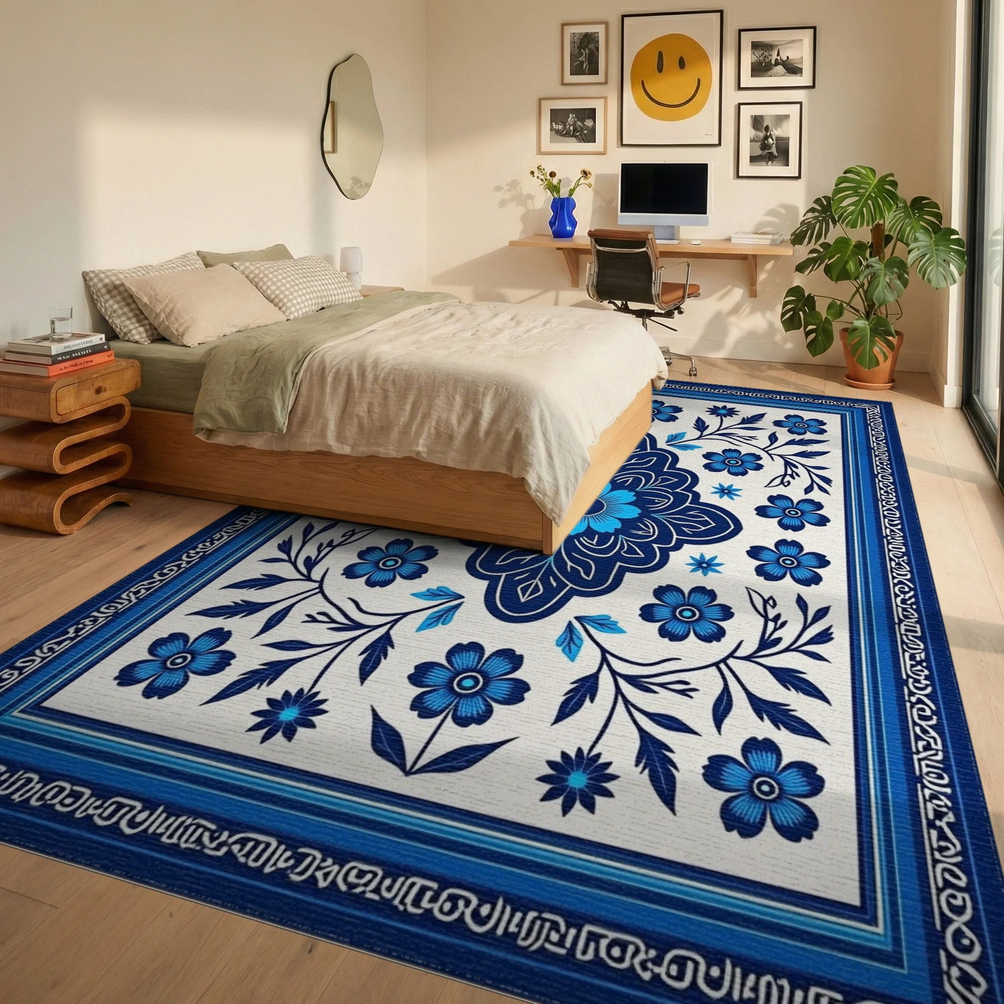 Indigo Blue Floral Medallion Rug Bedroom View