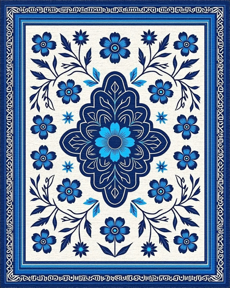 Indigo Blue Floral Medallion Rug - Cutout View