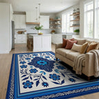 Indigo Blue Floral Medallion Rug Living Room View