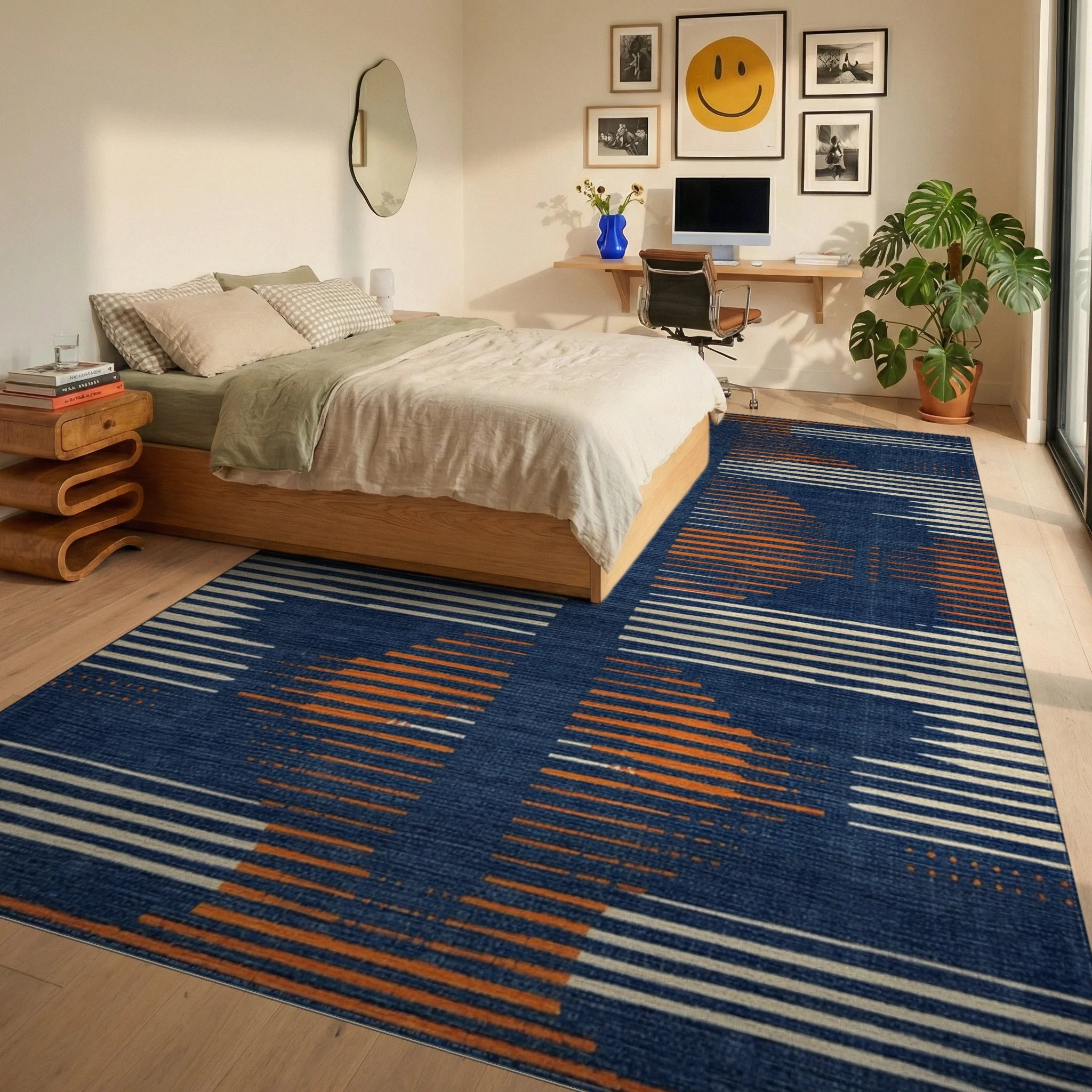 Indigo Orange White Geometric Stripe Rug - Bedroom View