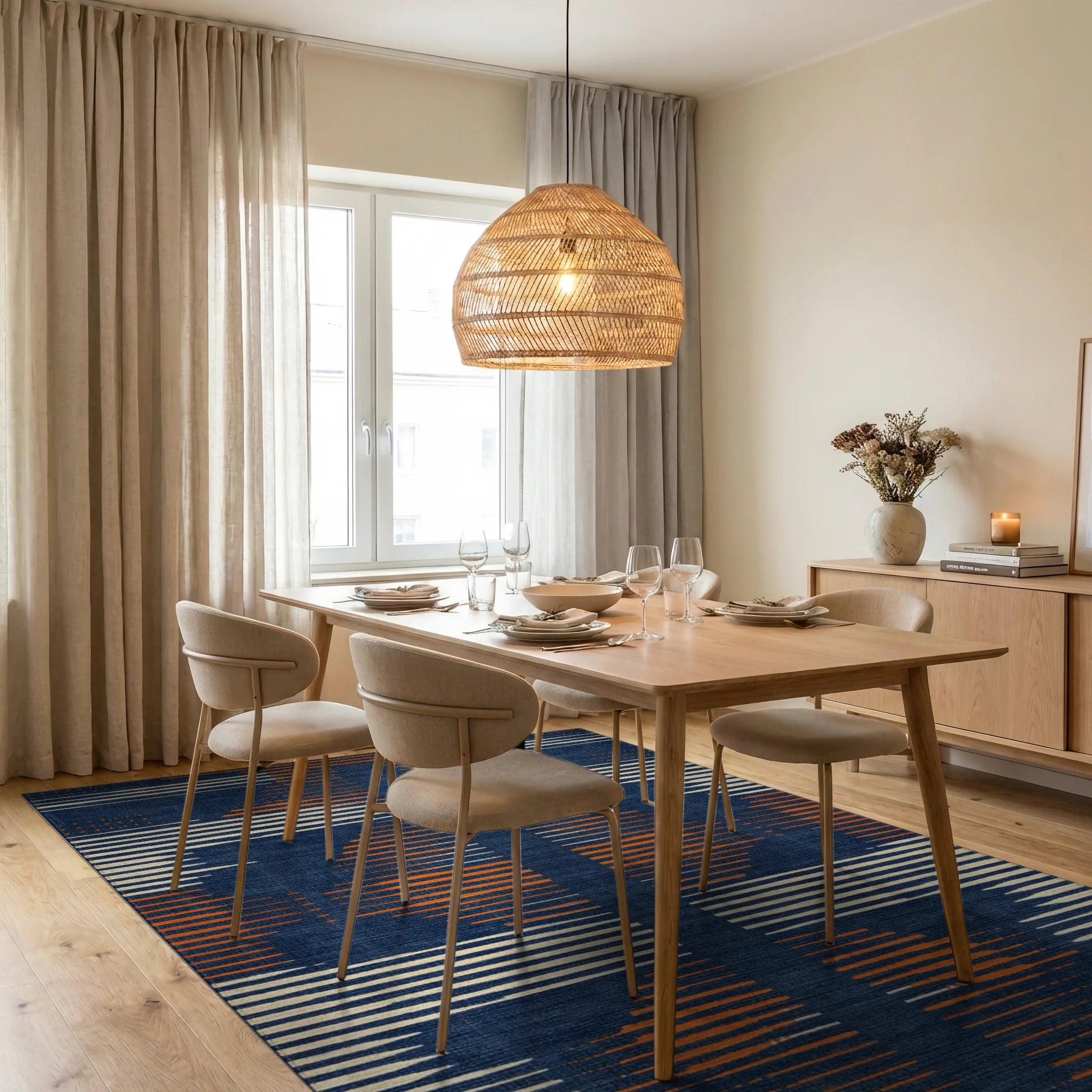 Indigo Orange White Geometric Stripe Rug - Dining Room View