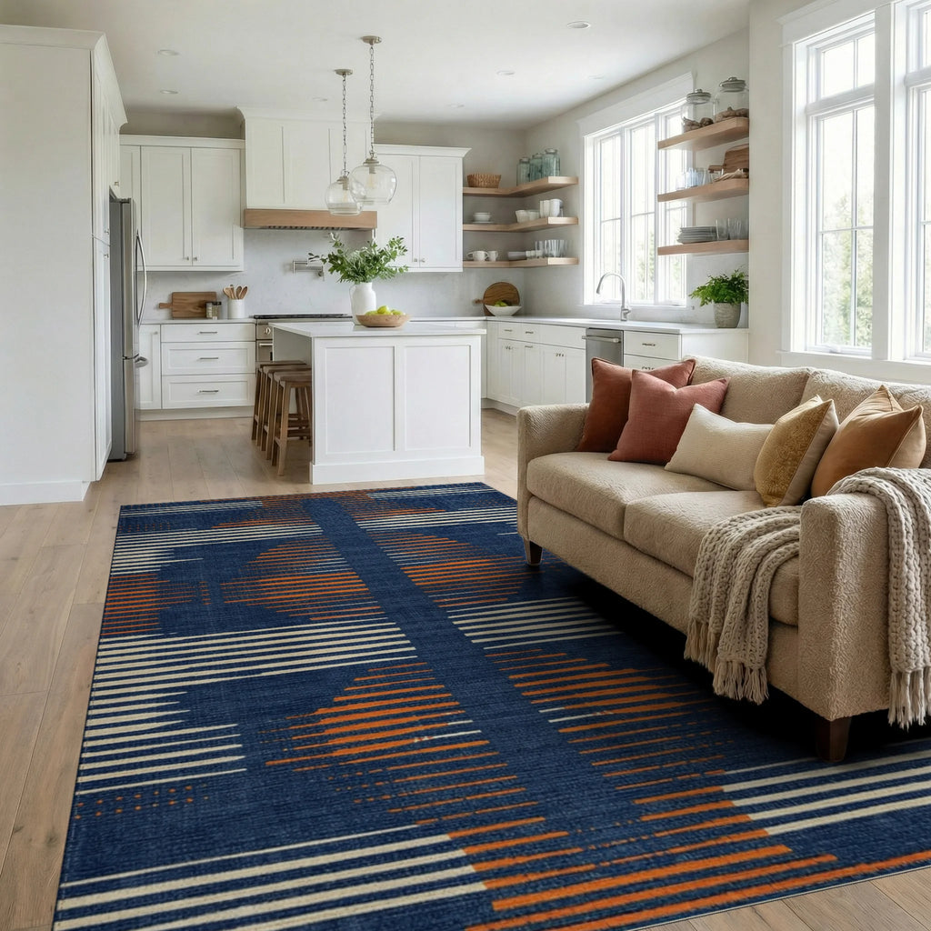 Indigo Orange White Geometric Stripe Rug - Living Room View