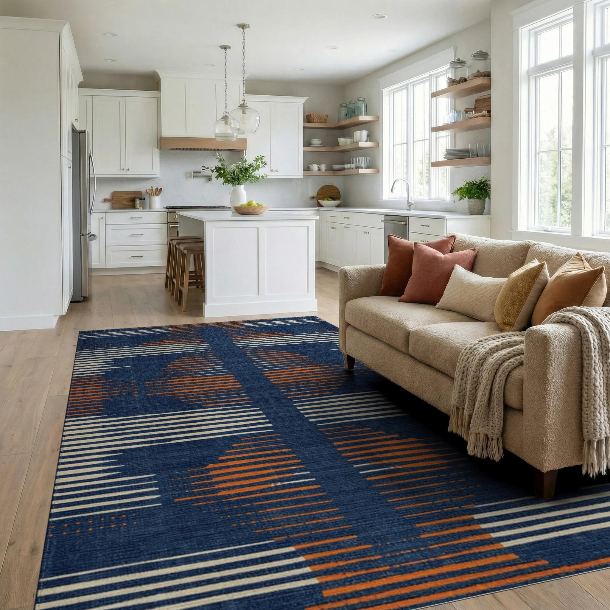 Indigo Orange White Geometric Stripe Rug - Living Room View