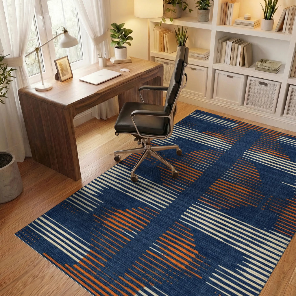 Indigo Orange White Geometric Stripe Rug - Office View