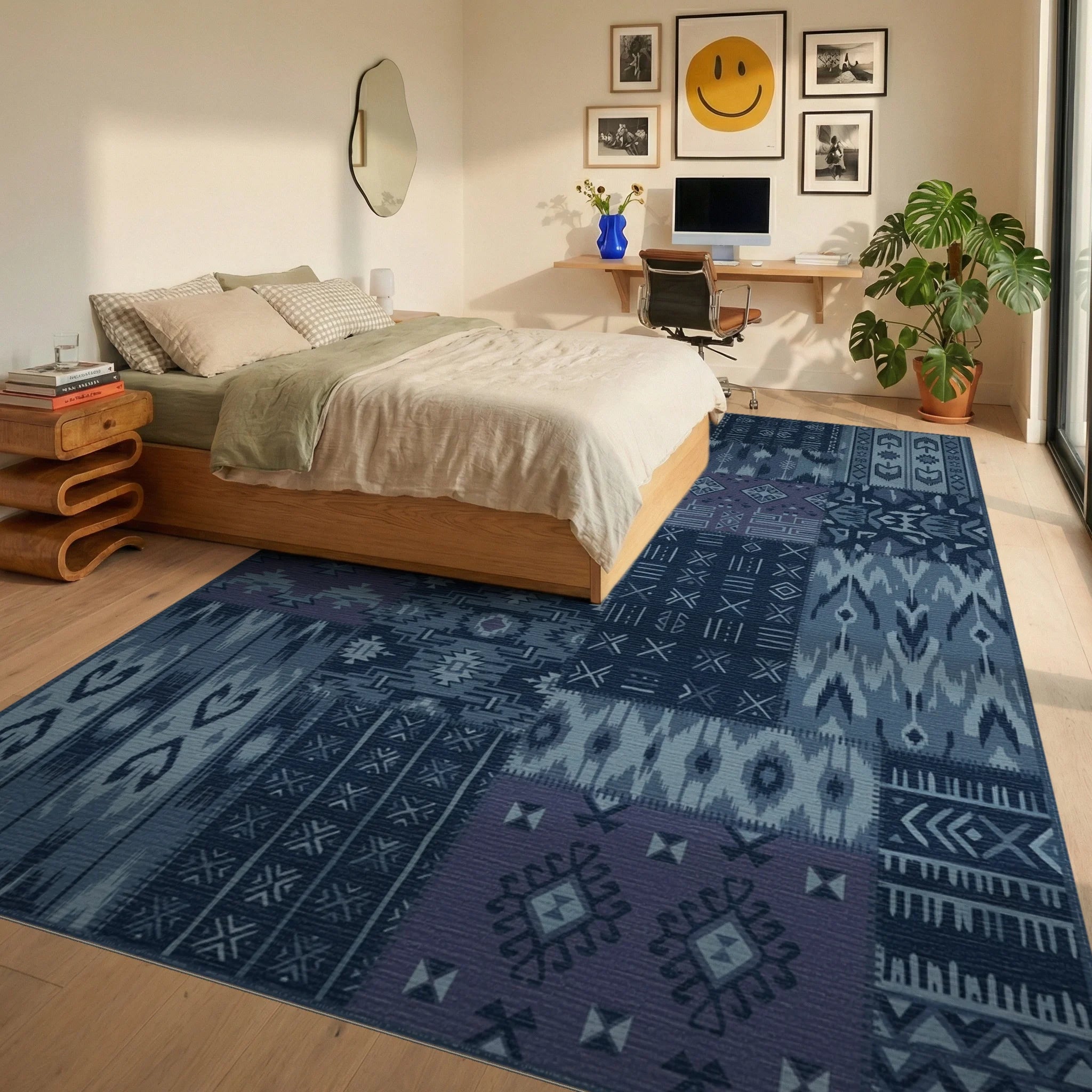 Indigo Patchwork Geometric Tribal Rug Bedroom View