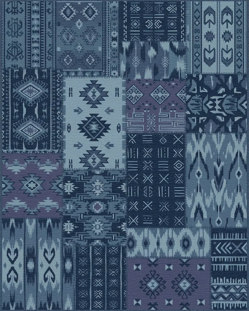 Indigo Patchwork Geometric Tribal Rug - Cutout View