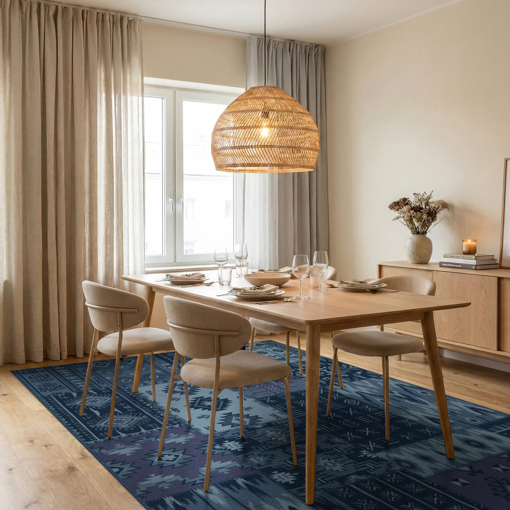 Indigo Patchwork Geometric Tribal Rug Dining Room View