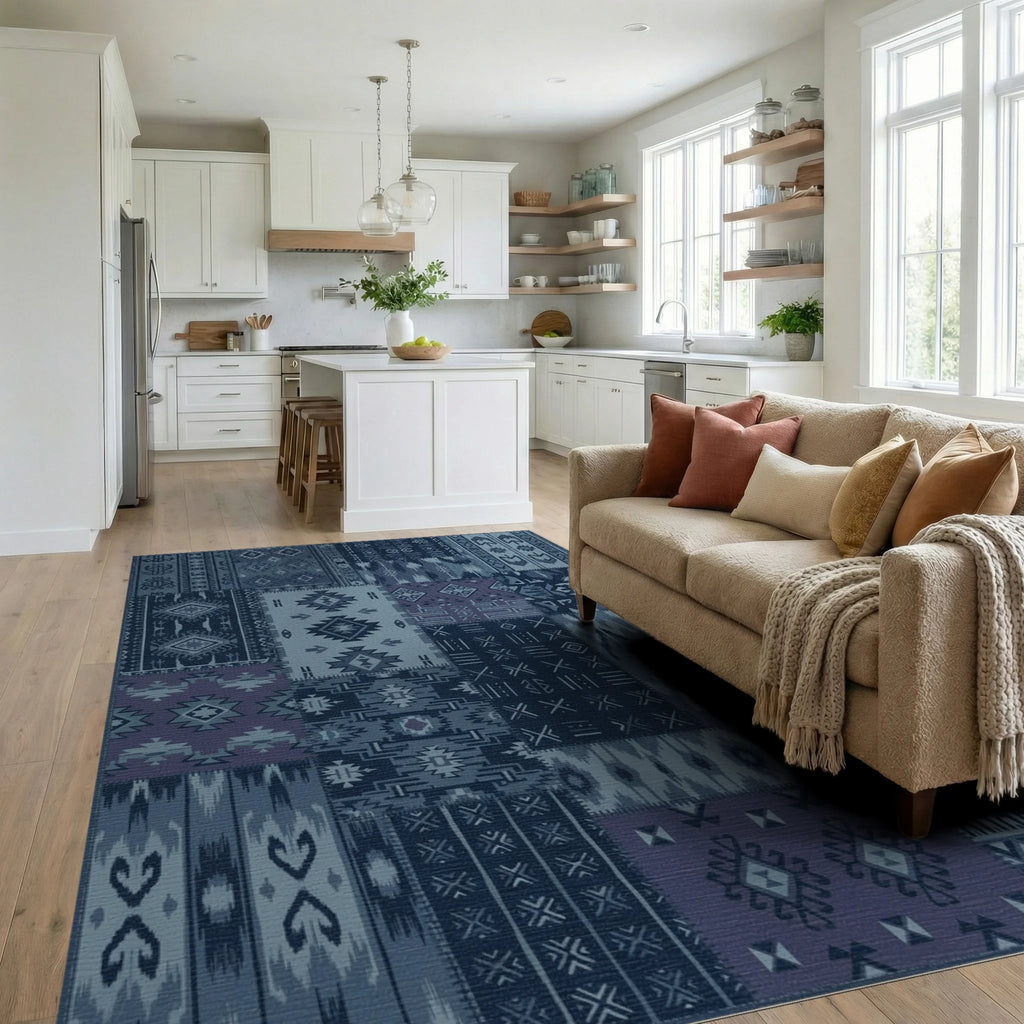 Indigo Patchwork Geometric Tribal Rug Living Room View