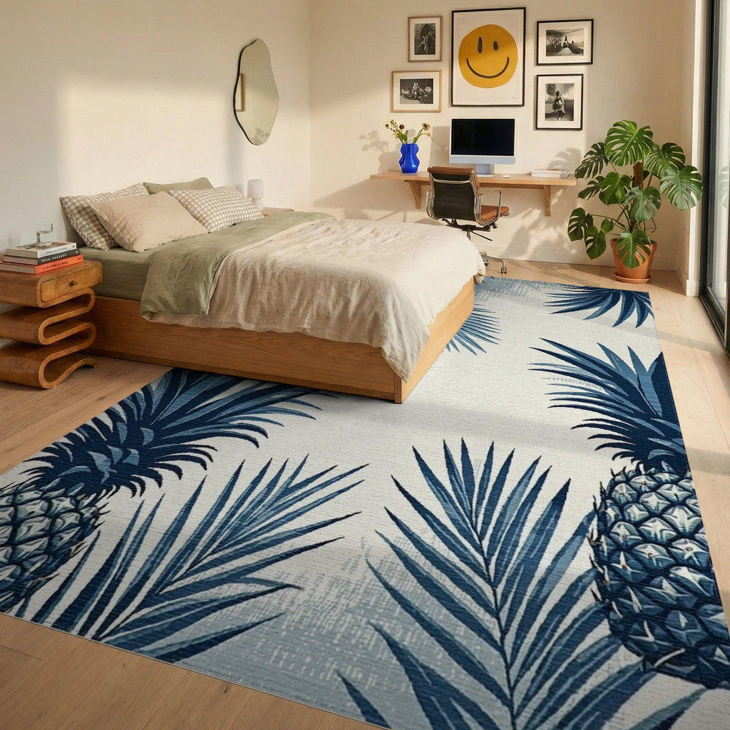 Indigo Pineapple Tropical Leaf Rug - Bedroom View