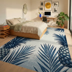 Indigo Pineapple Tropical Leaf Rug - Bedroom View