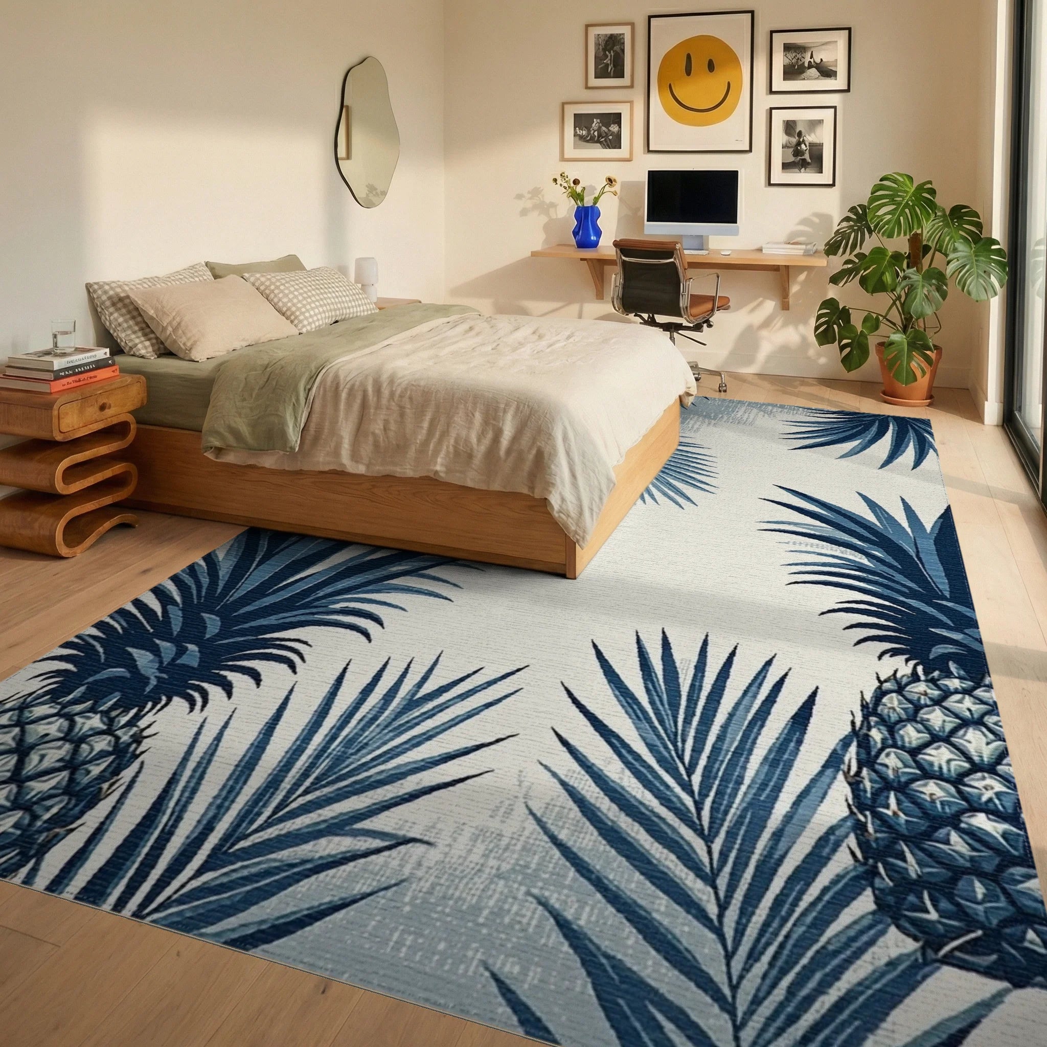 Indigo Pineapple Tropical Leaf Rug - Bedroom View