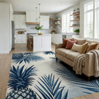 Indigo Pineapple Tropical Leaf Rug - Living Room View