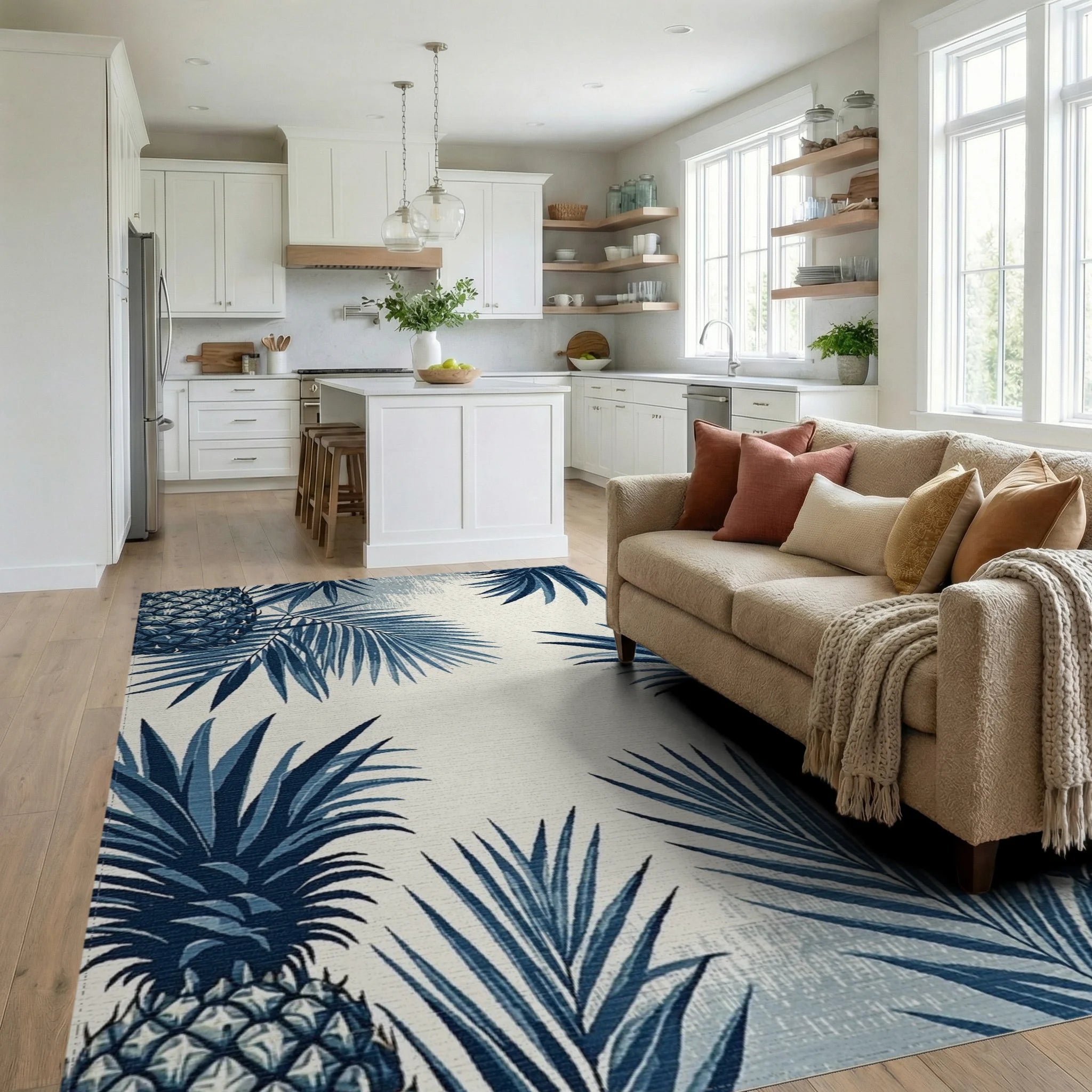 Indigo Pineapple Tropical Leaf Rug - Living Room View