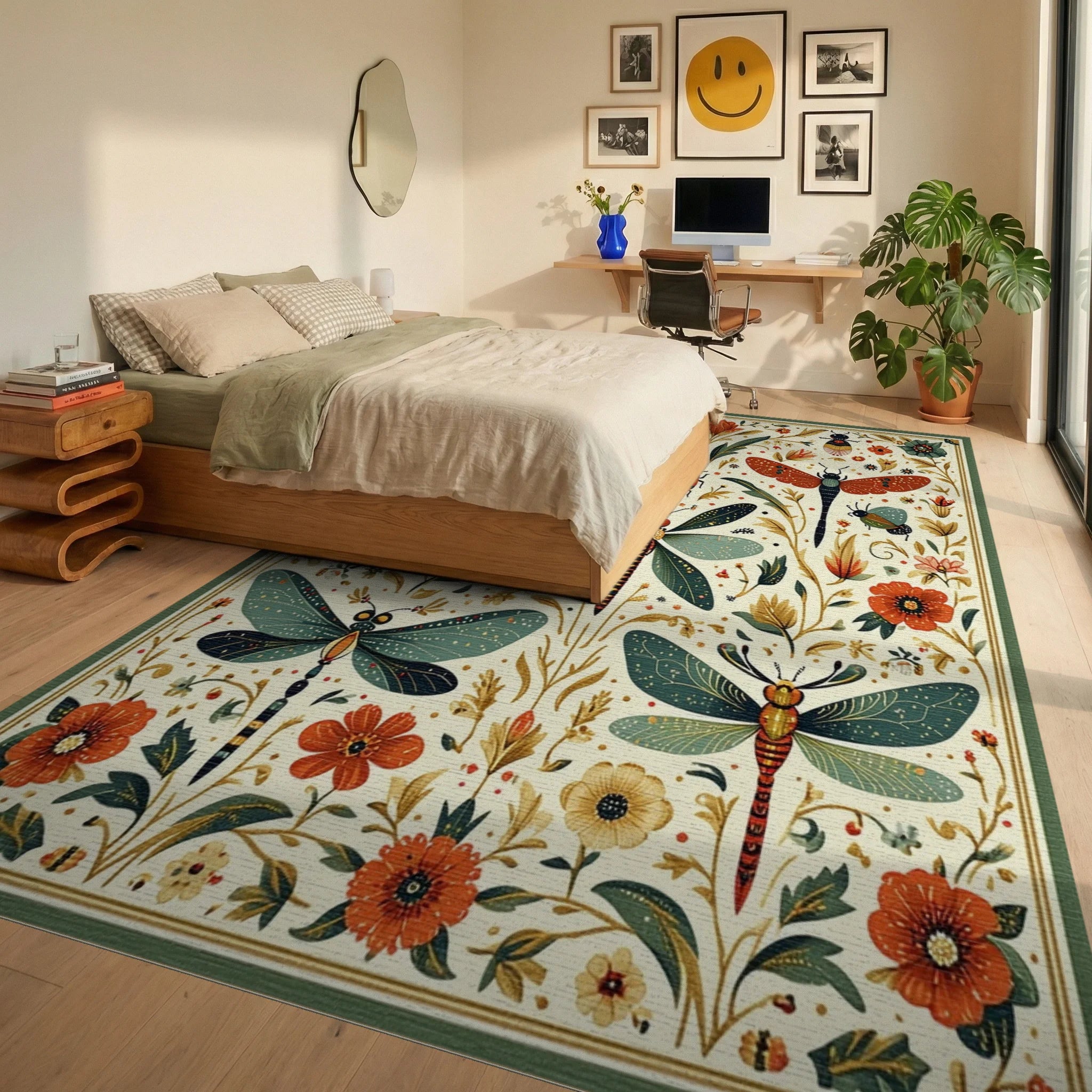 Insects Floral Motif Pattern Rug - Bedroom View